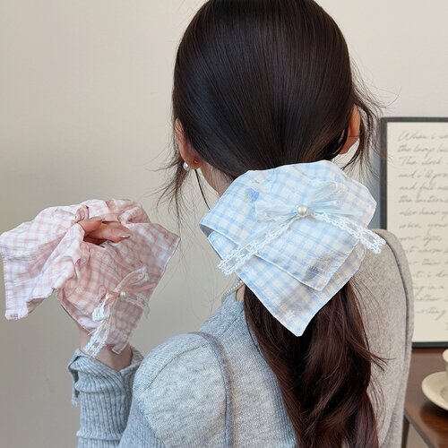 韩系甜美蓝莓格子方巾发圈