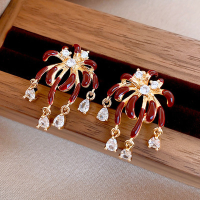 18K真金电镀轻奢锆石烟花耳钉