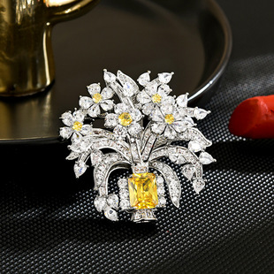 Yellow Brooch Basket Pin Spring Lapel Diamond Flower