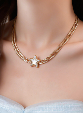 欧美金属风锆石贝母星星链条项链