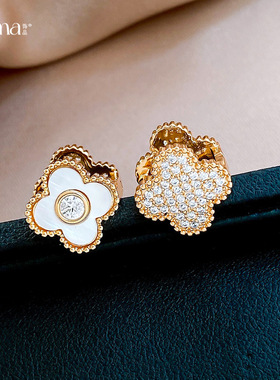 18K Gold Shell Ear Cuffs, Floral Zircon Luxury Earrings