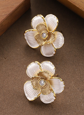 Enamel Floral Earrings, Multi-Layer Zircon Luxury Studs