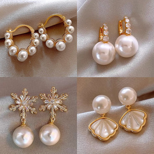 Zircon Earrings Floral Studs Shell Minimalist Pearl Gold