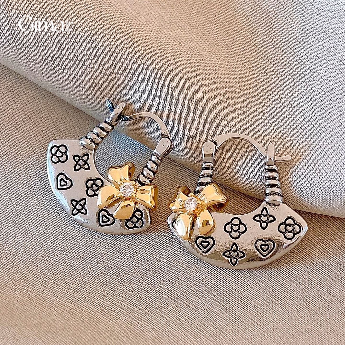 欧美复古锆石蝴蝶结几何花朵耳环