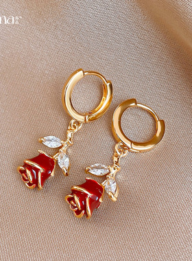Red Rose Ear Cuffs, French Zircon Enamel Luxury Earrings