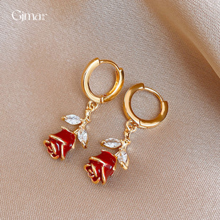 Cuffs French Zircon Red Luxury Ear Enamel Earrings Rose