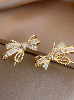 14K Gold Plated CZ Bow Stud Earrings Elegant