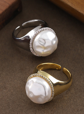镶钻珍珠可调节情侣闺蜜开口戒指