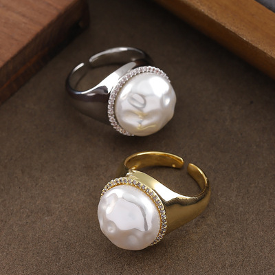 镶钻珍珠可调节情侣闺蜜开口戒指