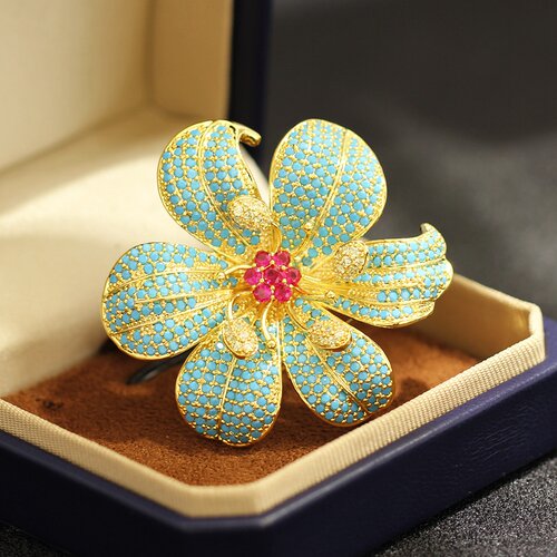 重工满镶绿松石色彩宝花朵胸针