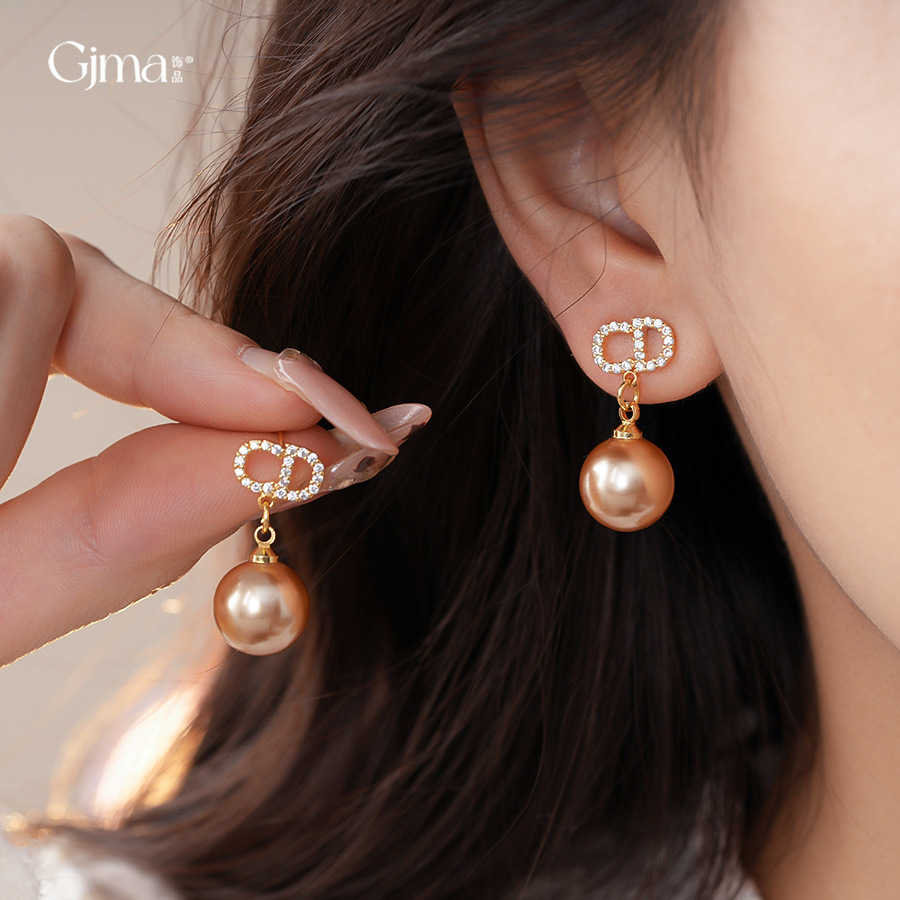 银针韩国气质锆石字母珍珠耳环