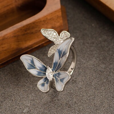文艺镶钻锆石滴油双蝴蝶开口戒指