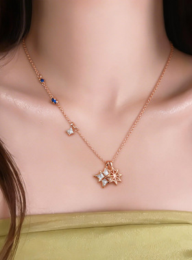 法式复古精致锆石芒星吊坠项链