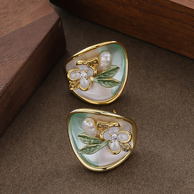 珐琅滴釉镶珍珠花卉耳钉银针