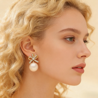 超闪锆石蝴蝶结正圆高亮珍珠耳环