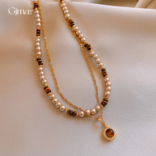 Eye Tiger Pearl Necklace Chain Vintage Luxury Maillard