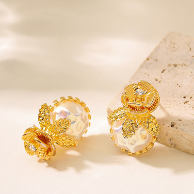 法式文艺复古中古风花朵珍珠耳钉