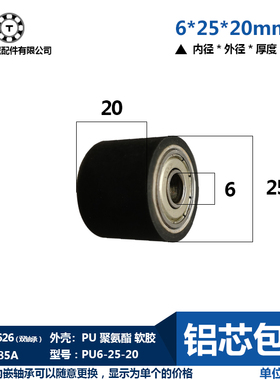 直径25*20mm长胶轮内6 8 10送线轮铝芯包胶滚轮滑轮导RORUAP25-20