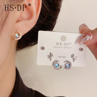 s925银针轻奢锆石星月彩珠三对装耳钉时尚简约小巧百搭耳环