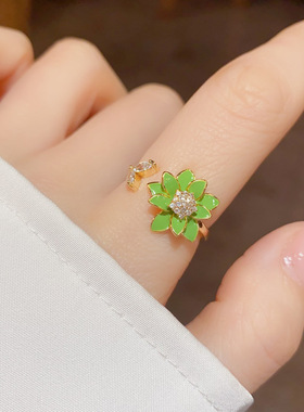 小众设计感时尚小清新滴油绿色花朵开口戒网红个性独特食指戒配饰