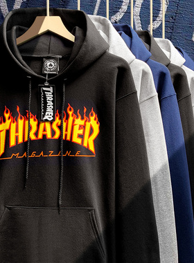 王一博同款美版正品thrasher火焰炸街情侣宽松连帽印花卫衣秋男女
