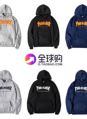 王一博同款thrasher火焰黑色连帽套头卫衣男女炸街情侣帽衫潮秋冬
