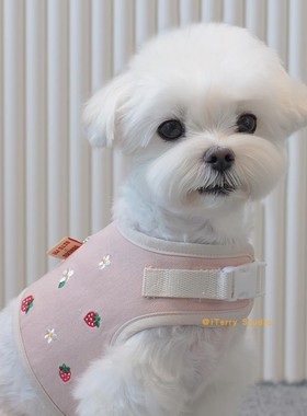 [现货]韩国BITEME新款100%棉透气软萌草莓刺绣狗狗可调节胸背牵引