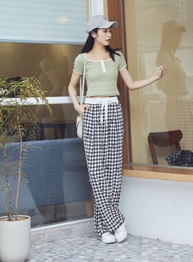 AZIOI 阿卓依  千鸟格直筒裤  女裤