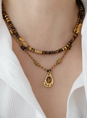 不掉色异形天然虎眼石串珠项链