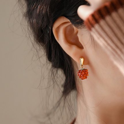 925纯银耳针红色树莓覆盆子草莓耳钉耳环女新年情人节礼物设计感