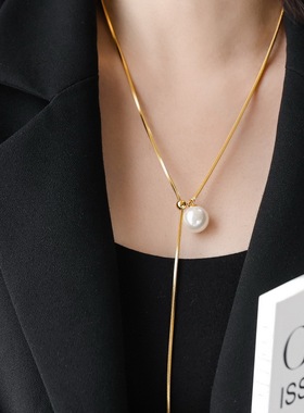 不掉色珍珠抽拉方蛇骨长款项链
