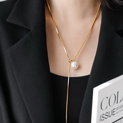 不掉色珍珠抽拉方蛇骨长款项链