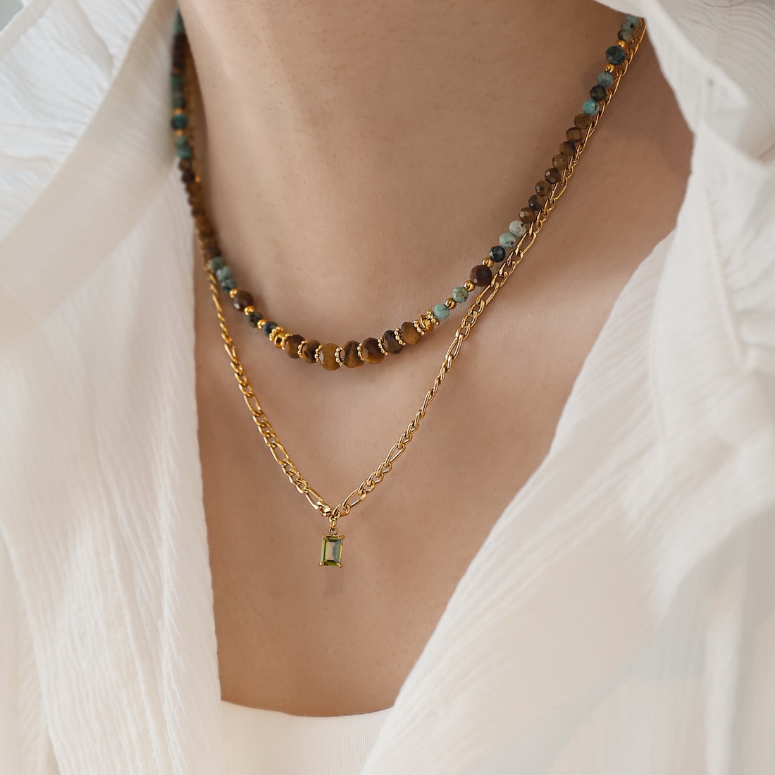 天然石虎眼石串珠叠戴项链