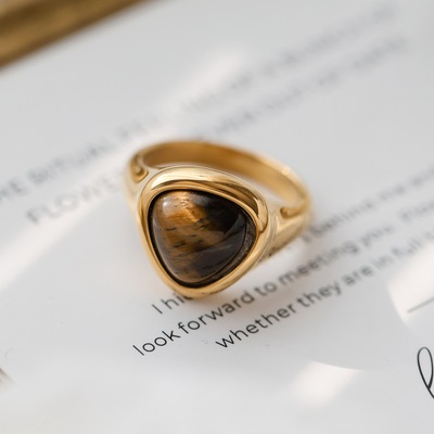 不掉色~复古高级感天然虎眼石金色戒指女不掉色食指中指指环叠戴