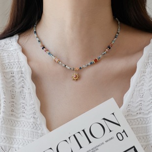 法式复古红纹石太阳吊坠天然石串珠项链气质高级感设计小众颈链女