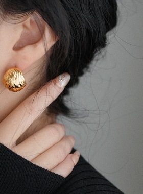 小众高级感拉丝肌理褶皱耳圈半圆C形耳钉耳环925银针潮时髦耳饰