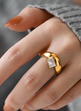 不掉色~复古设计感夸张亮面弧形长方锆石戒指女食指高级个性潮人