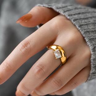 不掉色~复古设计感夸张亮面弧形长方锆石戒指女食指高级个性潮人