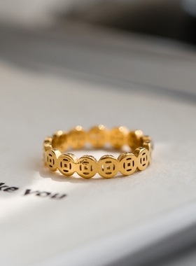 新中式复古小众招财金色钱币戒指