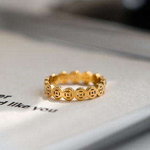 不掉色~新中式复古小众招财金色钱币戒指女指环百搭配饰礼物