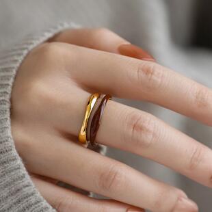 不掉色 复古酒红滴釉曲线双层戒指女金色叠戴指环礼物 显白法式