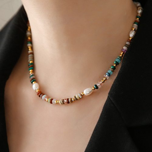 小众天然石串珠淡水珍珠项链