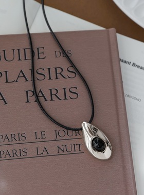 不掉色！高级感轻奢黑玛瑙水滴黑皮绳抽拉长款项链女毛衣链秋冬