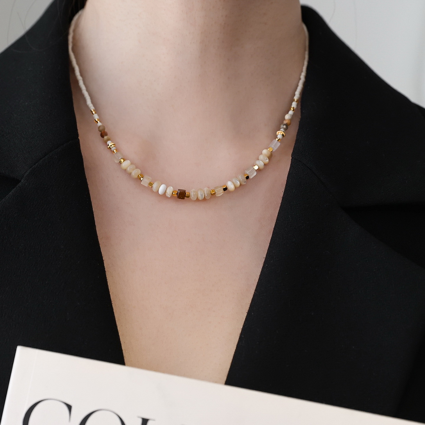 米色贝壳天然石古董米珠串珠项链