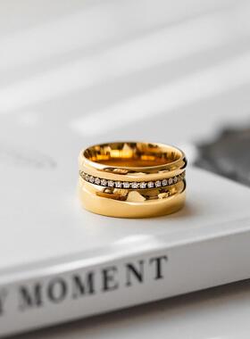 小众轻奢金色夸张宽版锆石戒指