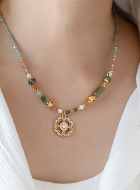 复古小众高级绿色花朵吊坠项链