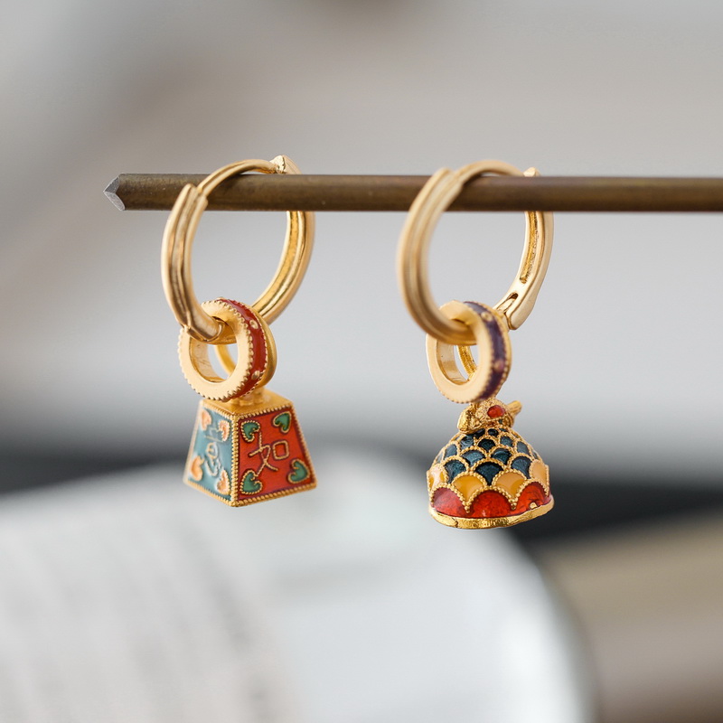 新中式古法珐琅锦鲤秤砣耳环