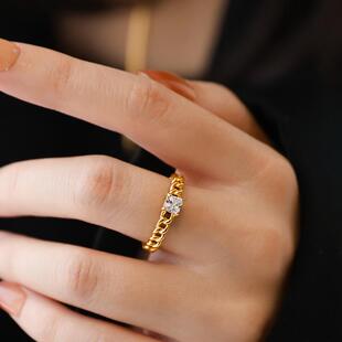 不掉色~链条方钻锆石金色戒指女指环食指小众高级感设计个性百搭
