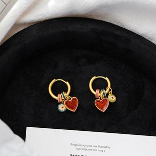 高品质 珐琅小花红色爱心耳圈耳环耳扣设计师复古配饰 新中式