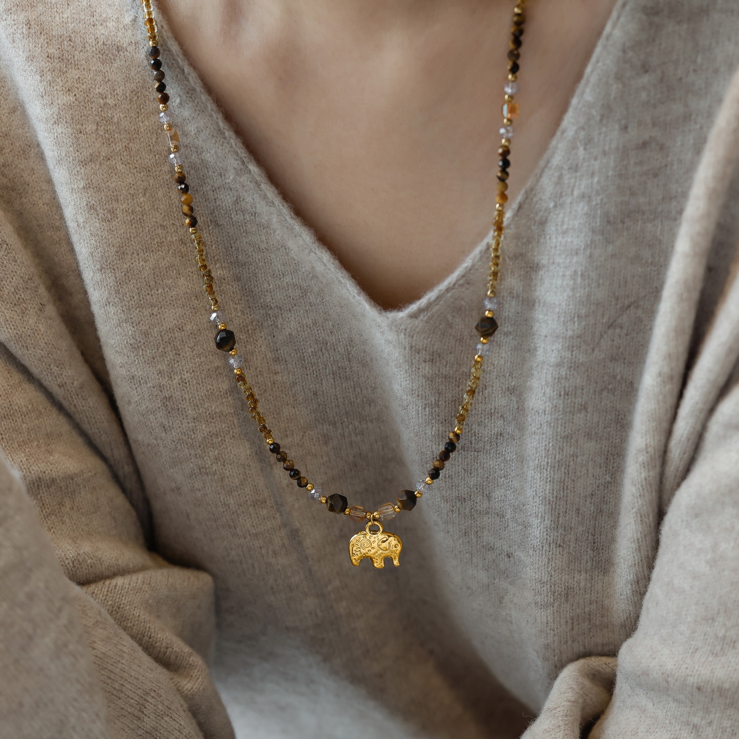 不掉色小象天然石虎眼石长款项链